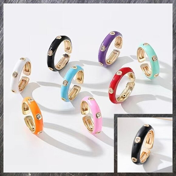 Thin Enamel and Copper Adjustable Stackable Ring #1210 BLACK - Picture 1 of 11